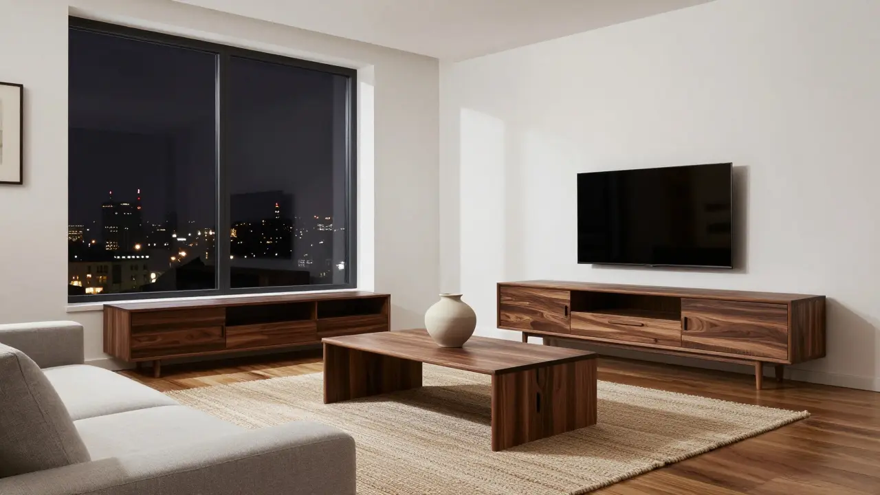 Japandi interiér s tmavým dřevem, bílými stěnami a jednoduchými akcenty v luxusním bytě.