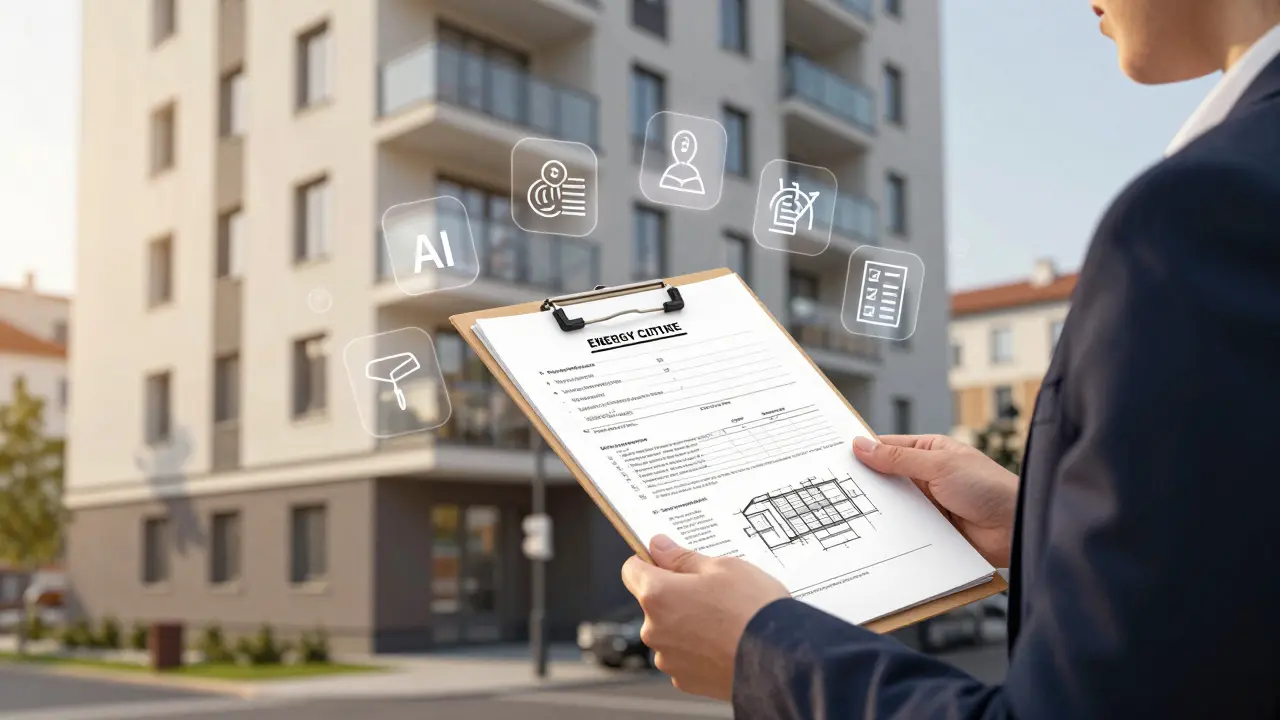 Makléř drží kompletní dokumentaci k nemovitosti před moderním bytovým domem.