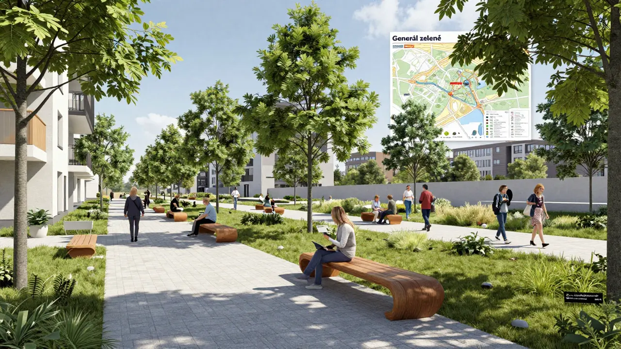 Nová bytová čtvrť s kvalitní veřejnou zelení, stromy, chodníky a zelenými střechami.