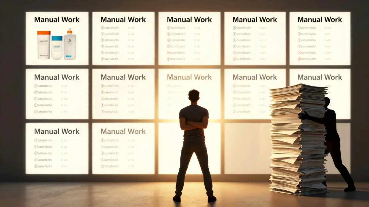 Osoba stojící před digitální stěnou s více tržišti, zatímco za ní postava nese těžký balík ručních seznamů.