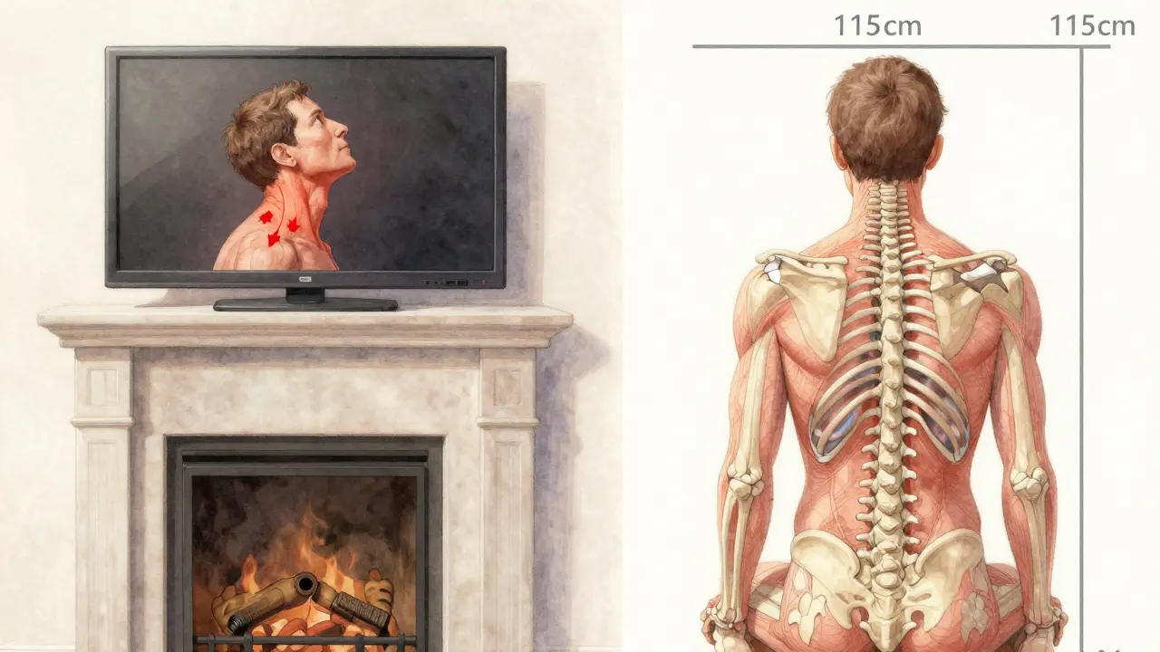 Porovnání postojů: jedna osoba s bolestí krku z dívání nahoru, druhá s neutrální páteří a správnou výškou televize.