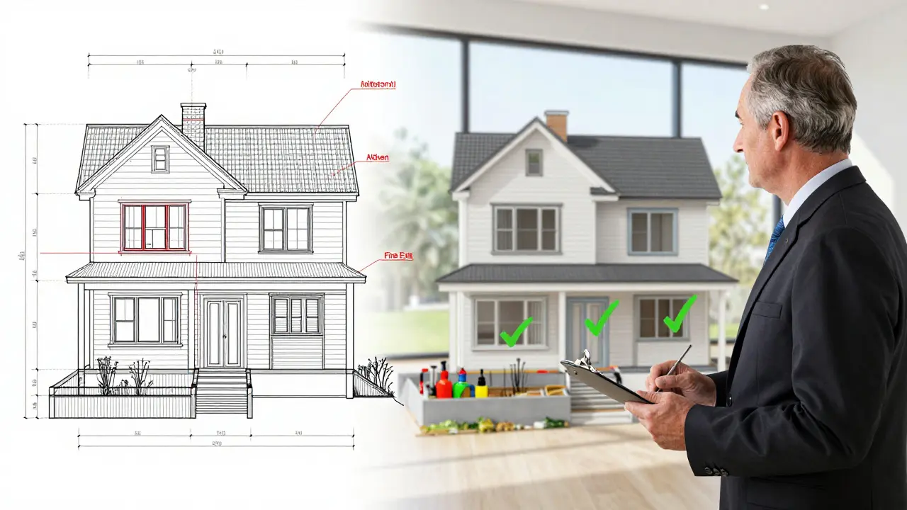 Porovnání stavebního projektu s opravenými technickými detaily pod dohledem inspektora.