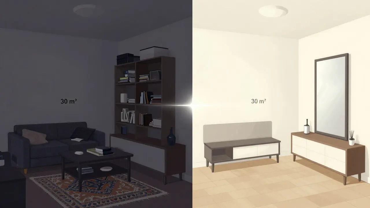 Před a po: přetváření těsného, přetíženého bytu v otevřený, klidný prostor pomocí minimalistických principů.