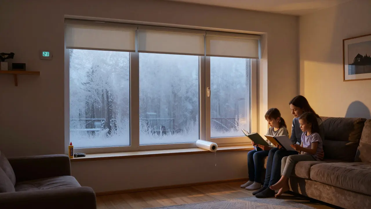 Příjemná česká obývací místnost s roletami a trojsklom večer, rodina u okna