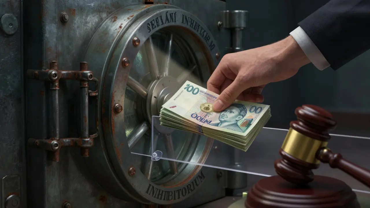 Ruka s penězi se snaží dostat do trezoru označeného speciálním inhibitoriem.