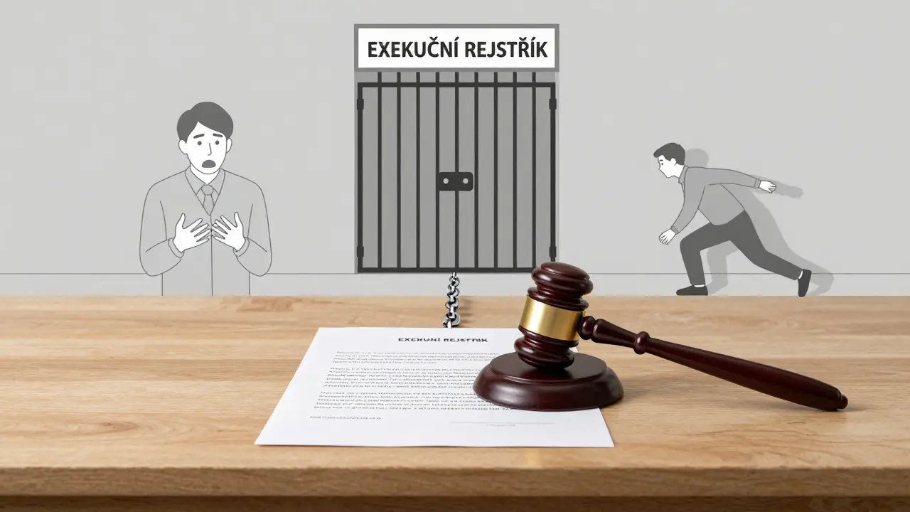 Soudce kladie kladivo na smlouvu, pod ní viditelný řetěz spojující adresu s vězením.