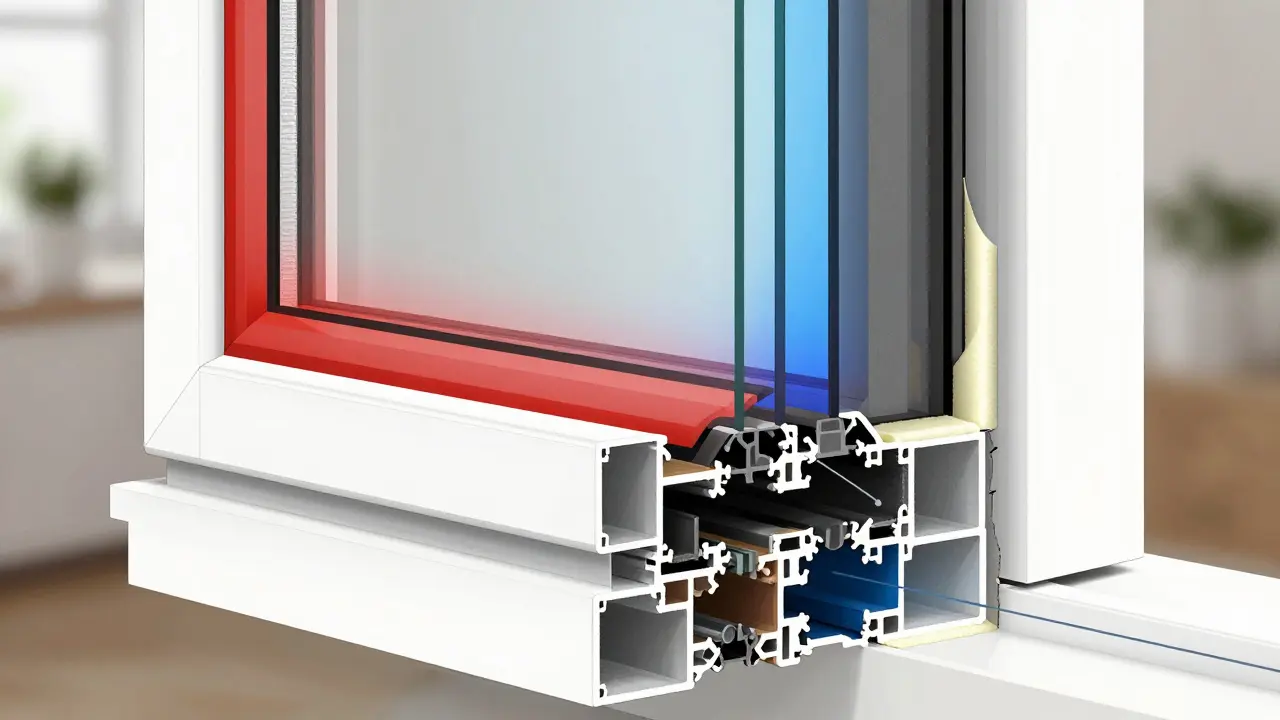 Technický řez okenním rámem s tepelně izolačními prvky a chybami montáže