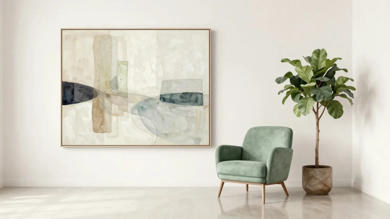 Tři dominantní dekorativní prvky v minimalistickém interiéru: obraz, křeslo a rostlina na čisté pozadí.