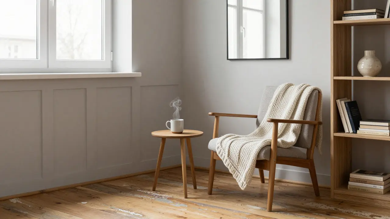 Útulný kout s dřevěným křeslem, vlněnou dekou a keramickou vázou, osvětlený jemným světlem.