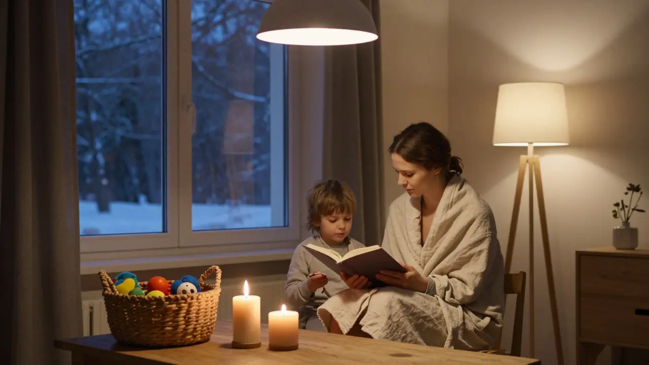 Večerní scéna se svíčkami, knihou a košem s hračkami — klid a útulnost v českém bytě.