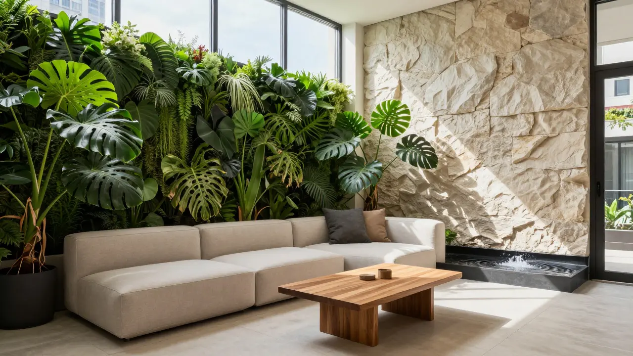 Živá zelená stěna a přírodní prvky v moderním bytě s přirozeným osvětlením a vodním prvkem.