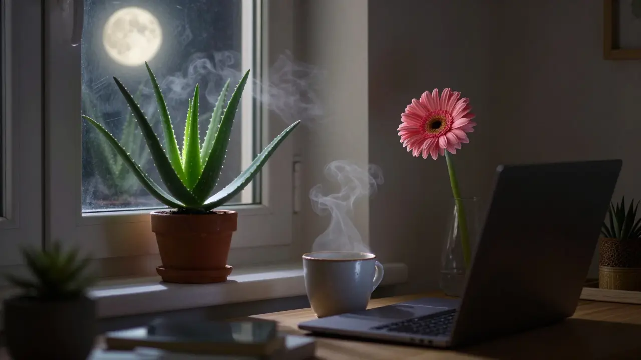 Aloe vera and gerbera daisy in a cozy apartment corner, enhancing air quality at night.