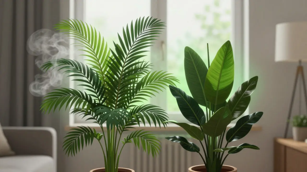 Areca palma a ZZ rostlina v moderním interiéru s jemným účinkem vlhkosti a čištění vzduchu.