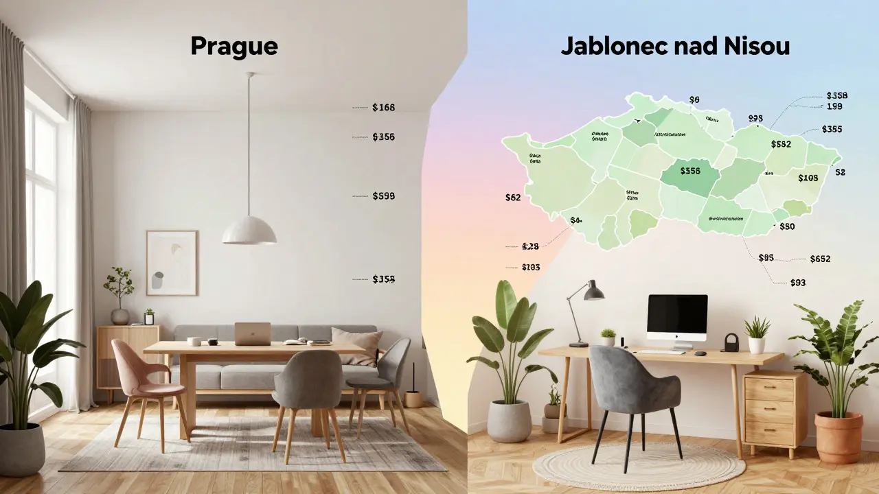 Conceptual comparison of interior design costs between Prague and a smaller Czech city.