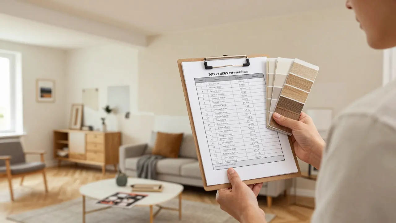 Design professional presenting renovation plan with material samples and cost breakdown in a living room.