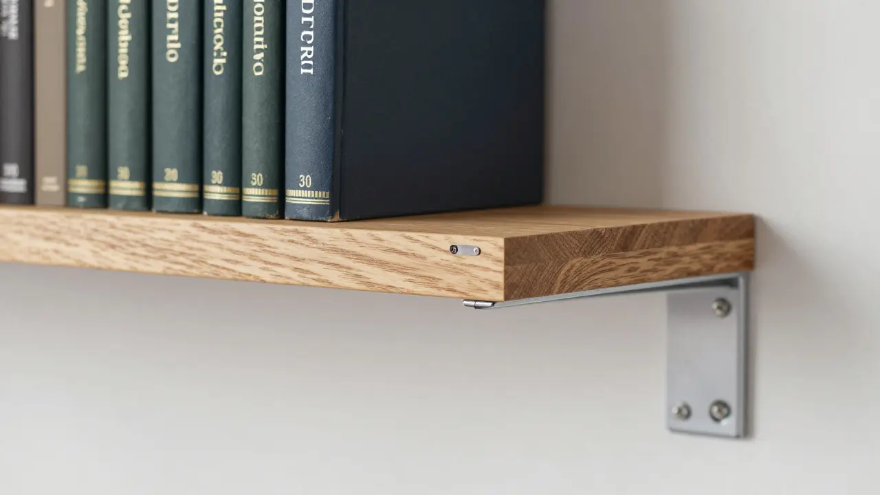 Detail regálu knihovny na míru s 1,8 cm tlustými policiemi z dubu, které vydrží těžké knihy bez prohýbání.