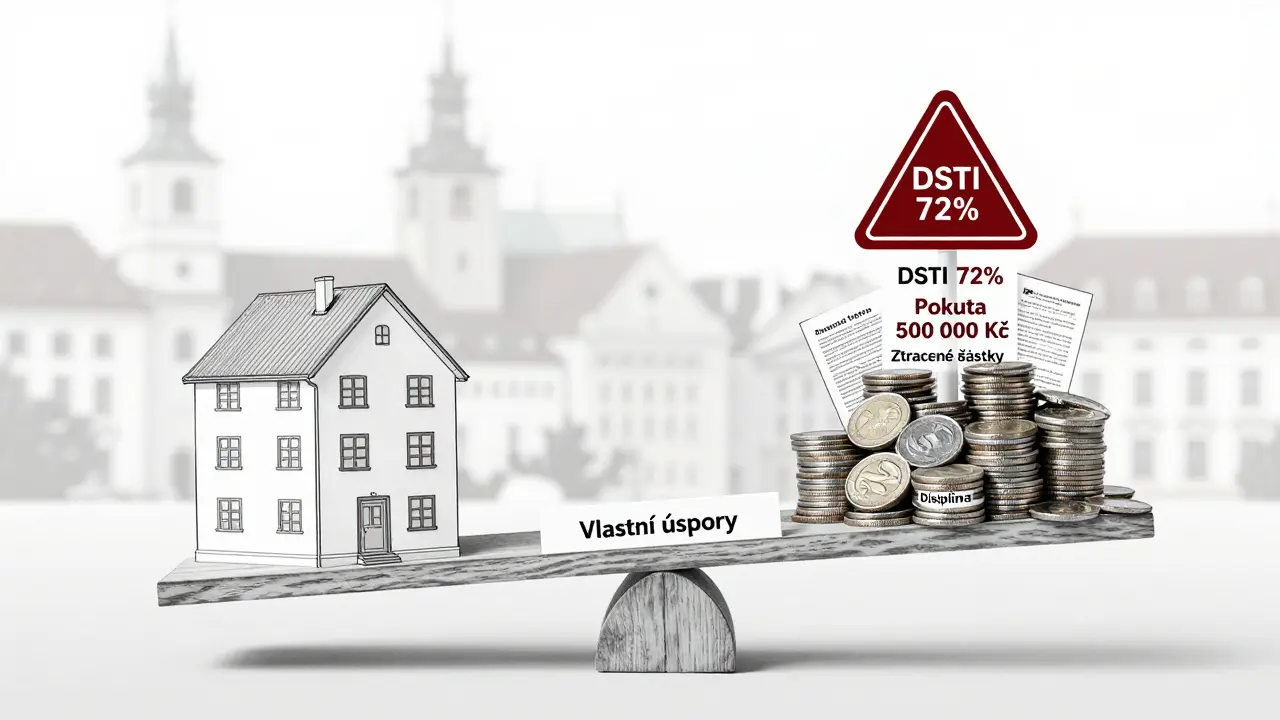 Dřevěná váha s bytem na jedné straně a hromadou smluv a varování na druhé, symbolizující rizika úvěrů.