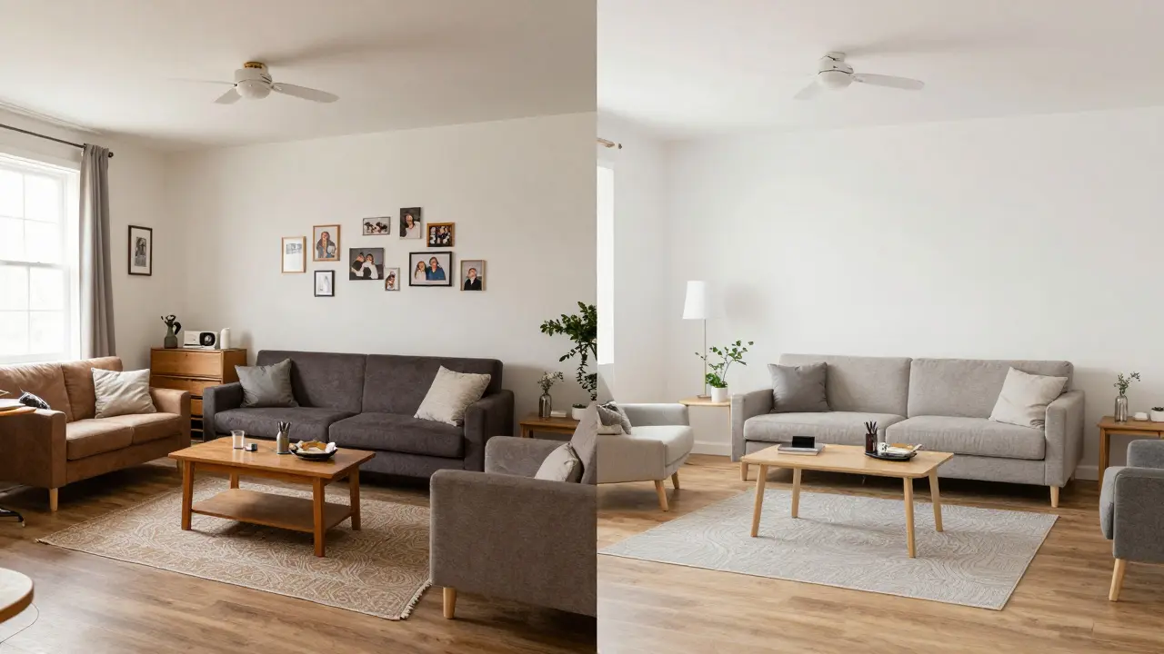 Dvě strany stejné místnosti: jedna špinavá a osobní, druhá stylově upravená pro prodej.