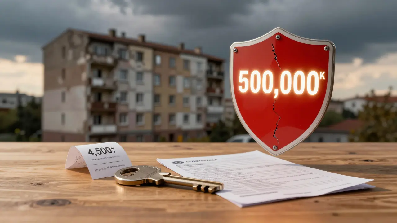 Klíč a účtenka za inspekci vedle hlášení o vadách, za nimiž se tyčí zchátralý dům.