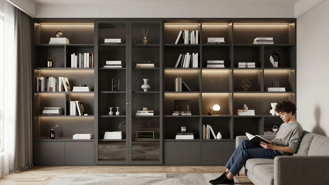 Knihovna jako dělící prvek mezi obývacím pokojem a pracovním úhlem