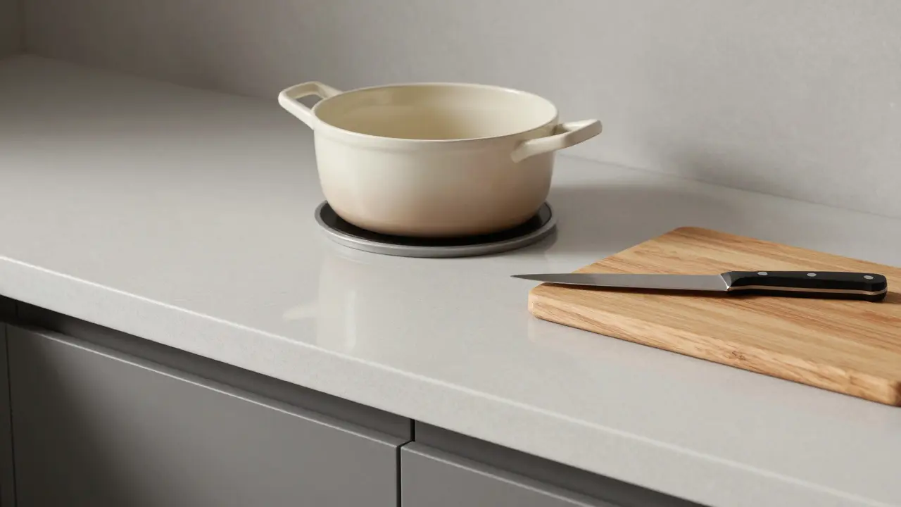 Kompozitní deska s hrncem na tepelné podložce a nožem na dřevěném krájecím prkénku.