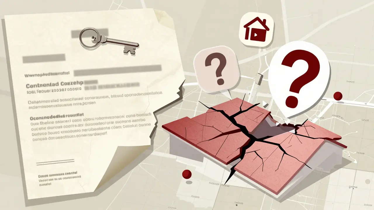 Křehký dokument s nemovitostí, který chybí klíčové údaje jako čísla a jména.