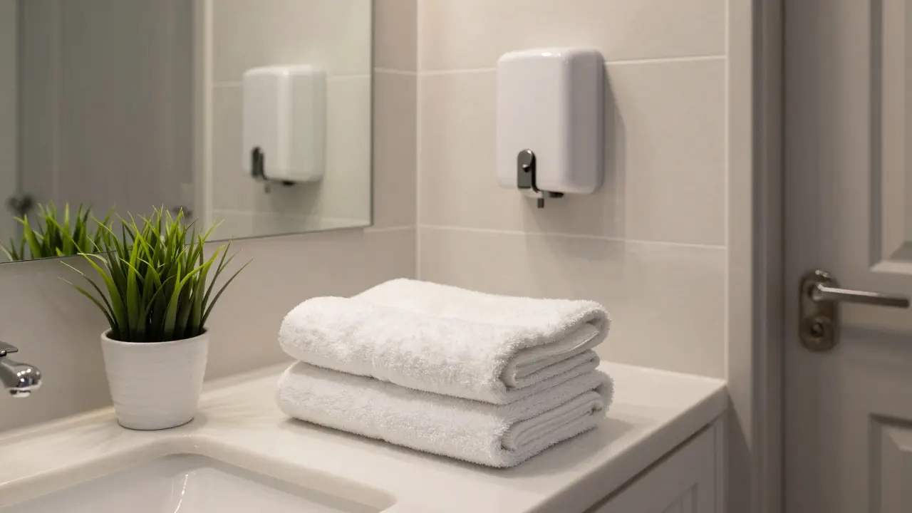 Luxusně upravená koupelna s čistými ručníky, malou rostlinou a bez osobních věcí.