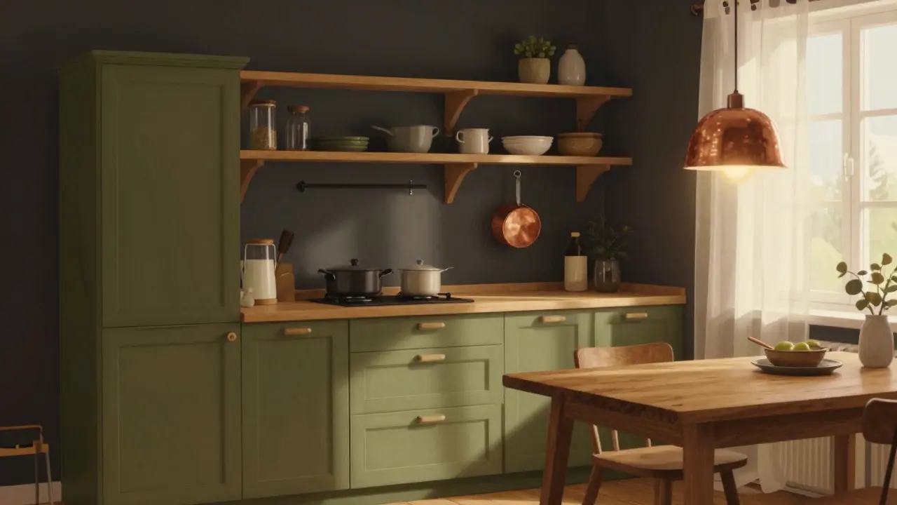 Malá kuchyně s olivově zelenými skříňkami a dřevěným stolem, osvětlená teplým světlem.