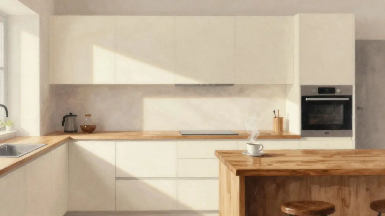 Minimální kuchyně s krémovými stěnami, černými detaily a dřevěným ostrovem, osvětlená přirozeným světlem.