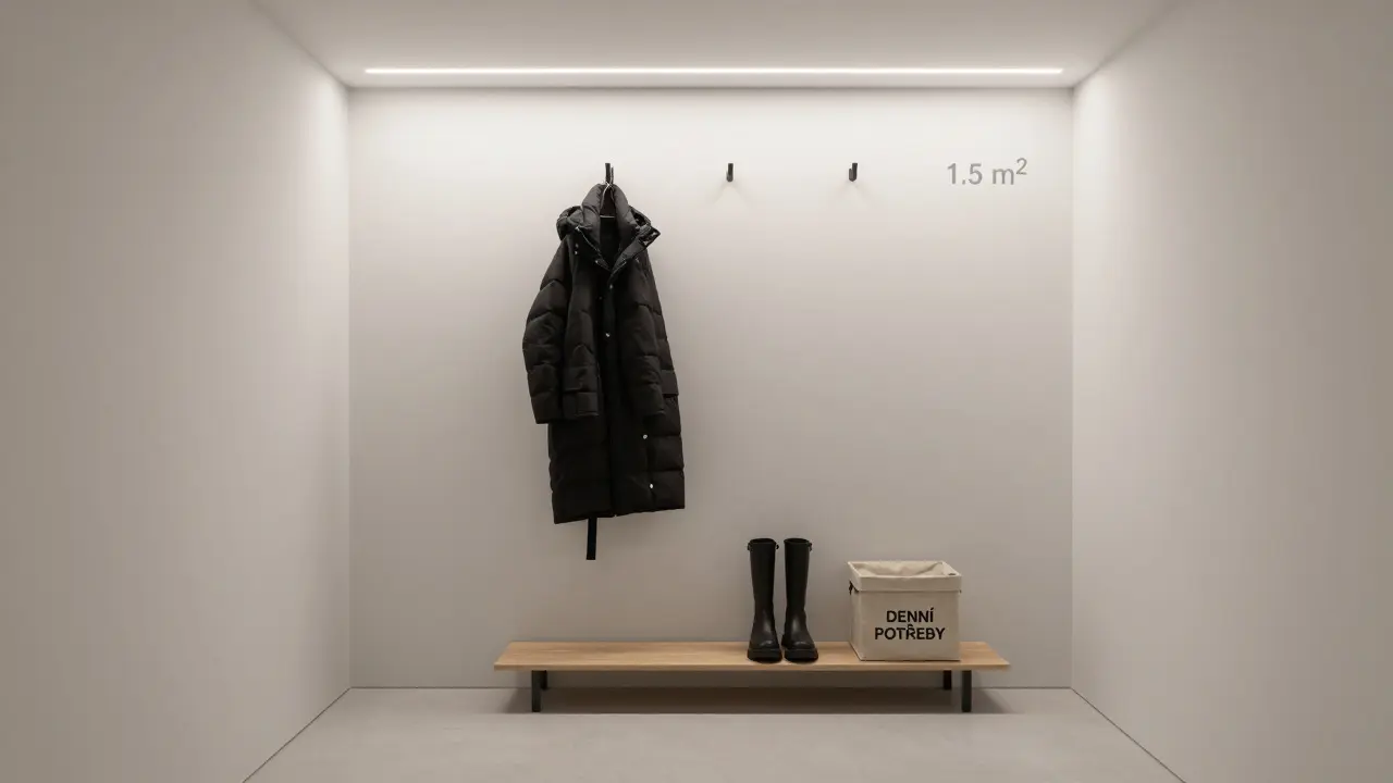 Minimální předsíň pod 1,5 m² s jednou bundou, jedním párem bot a označenou krabicí, osvětlená LED lištou.