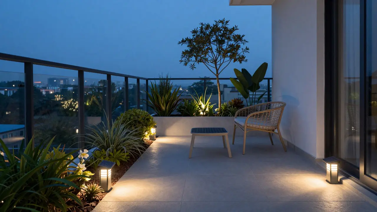Moderní balkón s suchou zahradou, solárními světly a minimalistickou nábytkou.