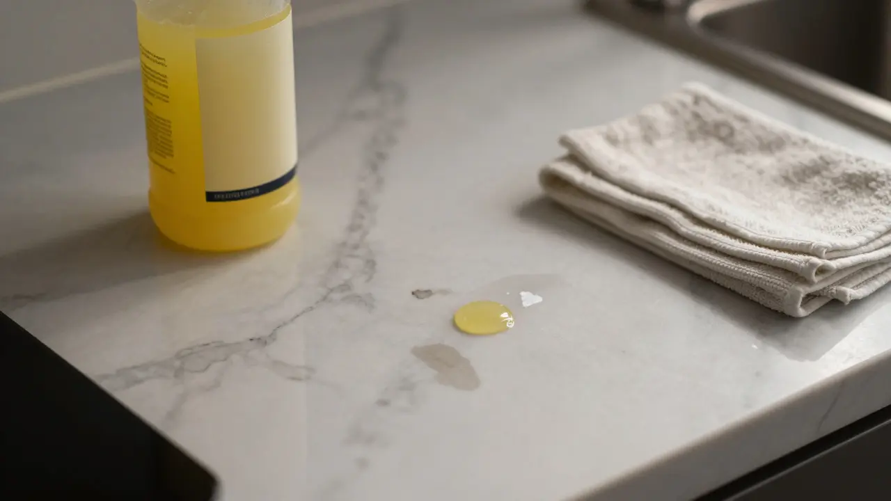 Mramorová deska s kapkou citrónové šťávy a láhvičkou impregnace.