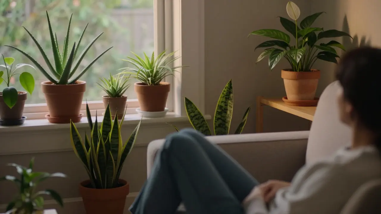 Osoba odpočívá v obývacím pokoji s rostlinami, včetně aloe vera a tchýnina jazyka, v klidném večerním osvětlení.