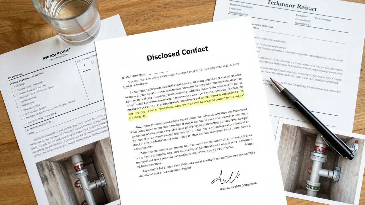 Předávací smlouva s přílohami: účty, záznamy a fotografie oprav, symbolizující transparentnost při prodeji nemovitosti.