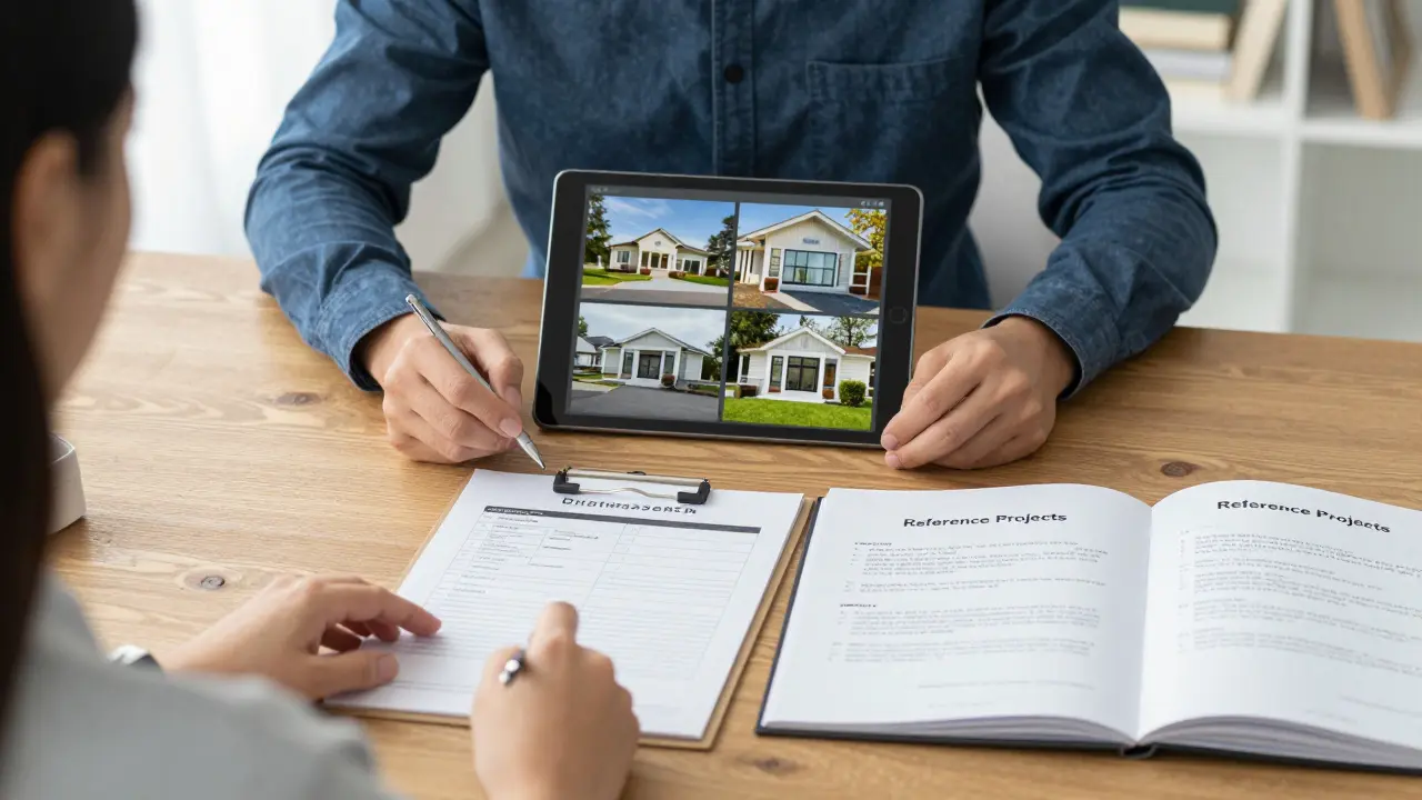 Profesionální home stager a majitel bytu společně prohlížejí smlouvu a referenční projekty.