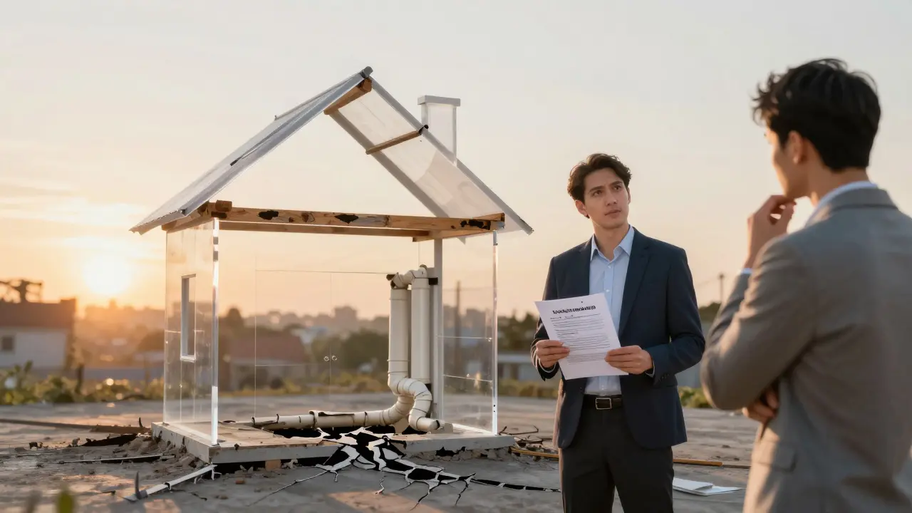 Průhledný dům s ukrytými vadami, zatímco prodávající a kupující spolu diskutují o dokumentech, symbolizující důvěru skrze upřímnost.
