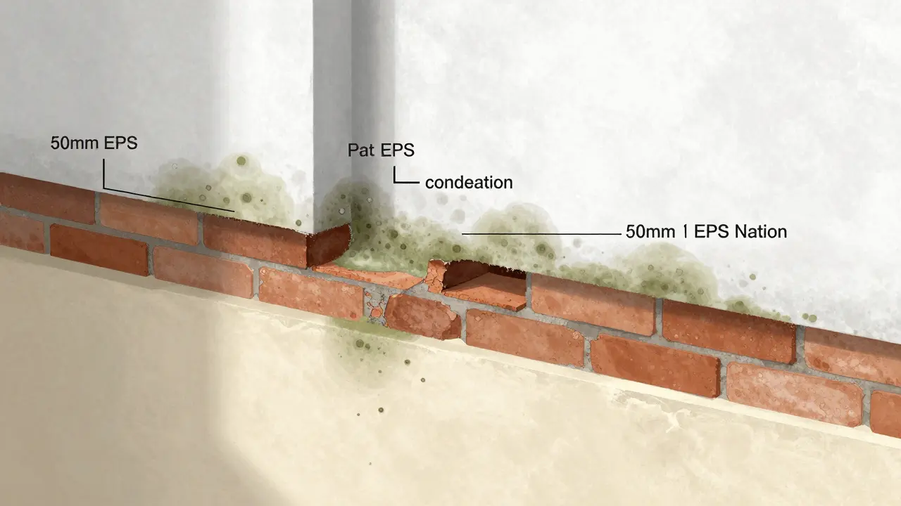 Průřez stěny s nedostatečnou izolací a vlhkostí uvnitř.