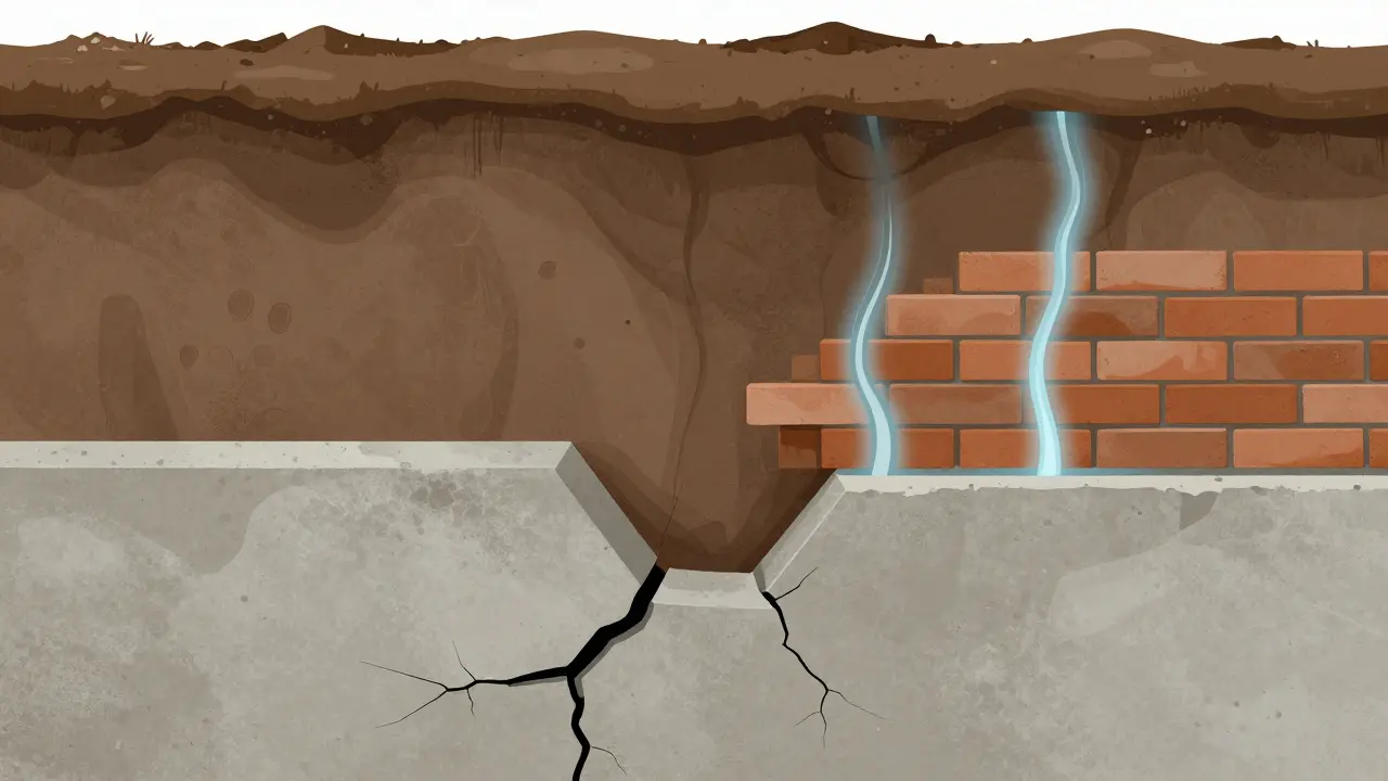 Průřez základů domu v jílovité půdě s kapilárním vzlínáním vody a nerovnoměrným usazováním.