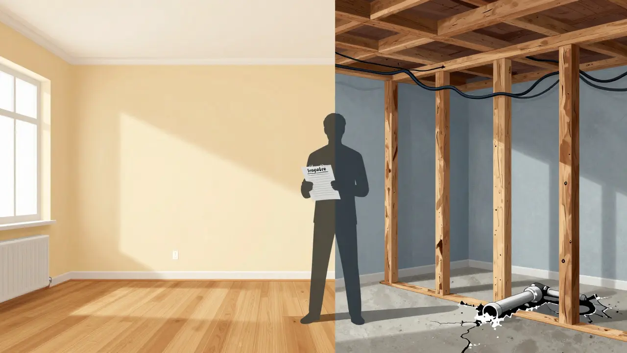 Rozdělený pohled na zdánlivě dokonalý byt a skryté technické vadny pod podlahou a stěnami.