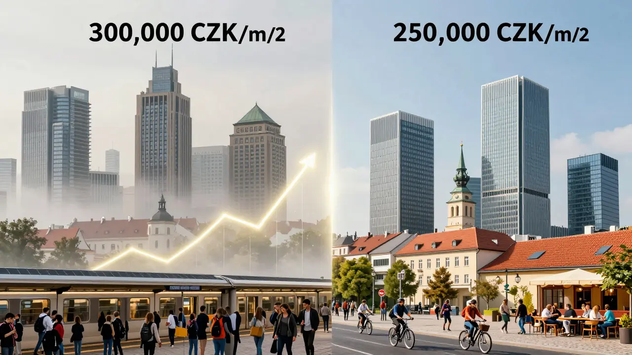 Split visual comparison of Prague and Brno cityscapes with luxury property price tags and rent yield indicators.