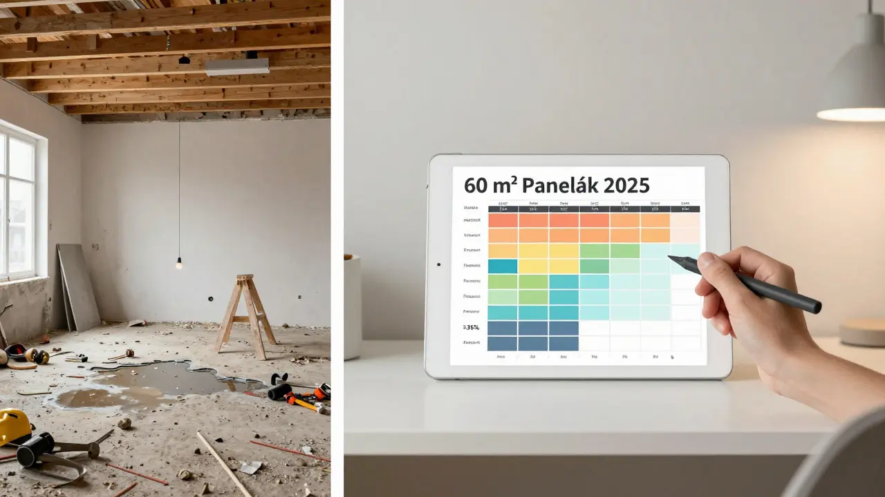 Srovnání chaosu rekonstrukce a uspořádaného rozpočtu s členěním nákladů a rezervou 35 % pro byt v Praze.