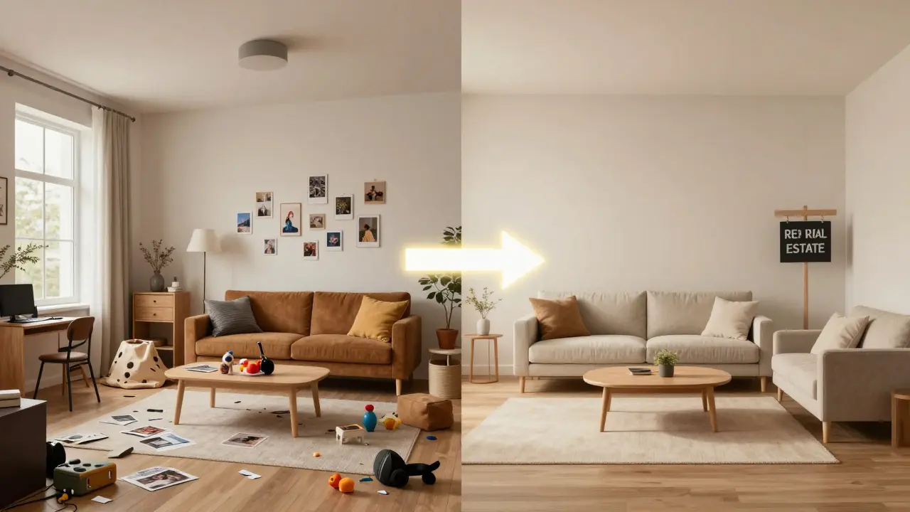 Srovnání neupraveného a stagingem připraveného bytu, znázorňující transformaci prostoru.
