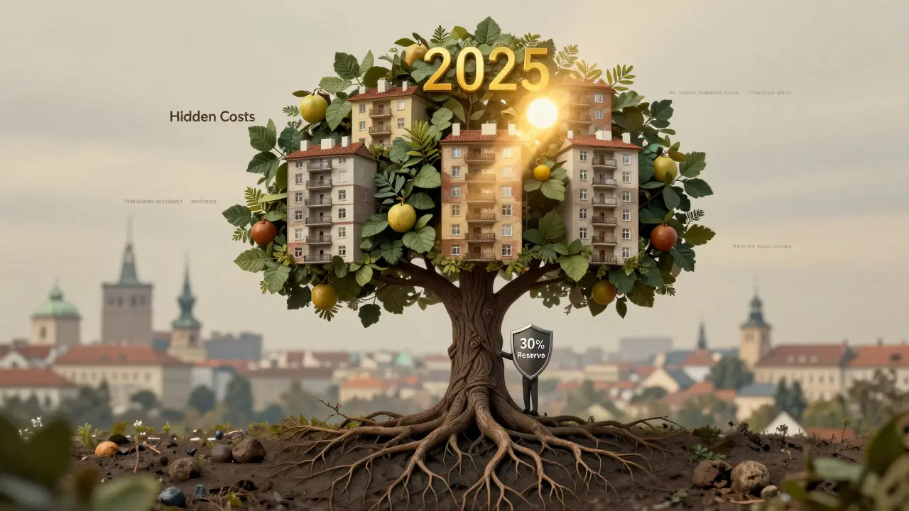 Symbolický strom s ovocem označeným 'skryté náklady' a ochranný štít '30% rezerva' nad panelovým bytem.
