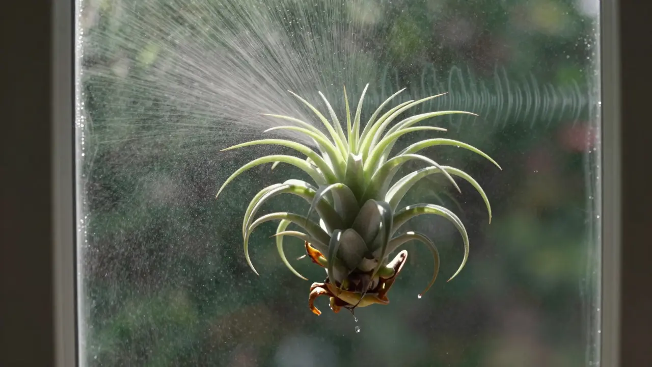 Tillandsia air plant hanging near a window, reacting to mist with delicate movement.