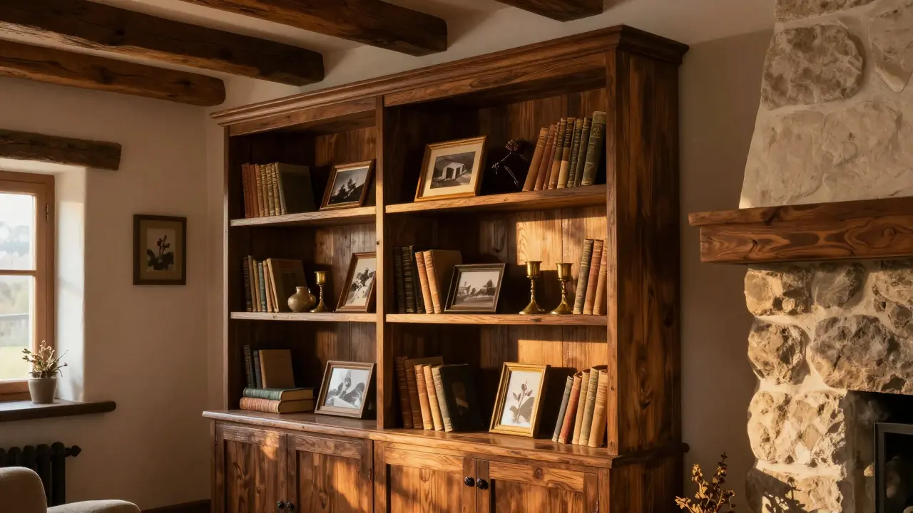 Tmavě dřevěná knihovna s knihami a dekoracemi u krbu v rustikálním interiéru