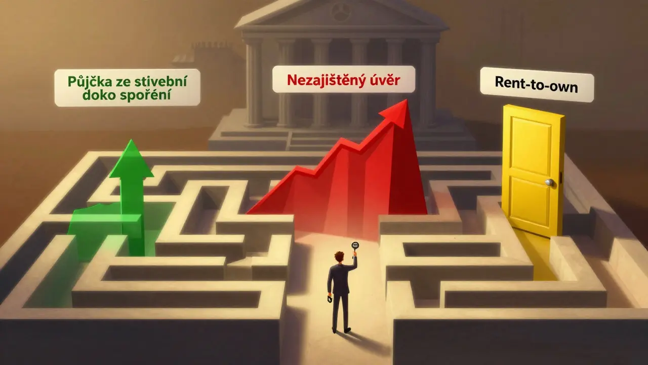 Umělecká ilustrace finančního bludiště s třemi cestami k bytu: bezpečná, nebezpečná a klamavá.