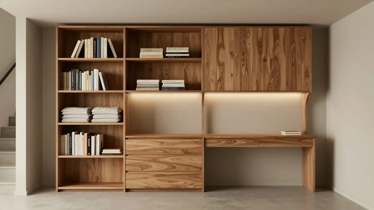 Víceúčelová knihovna pod schodištěm s otevřenými regály, skříněmi a vstavěným psacím stolem.