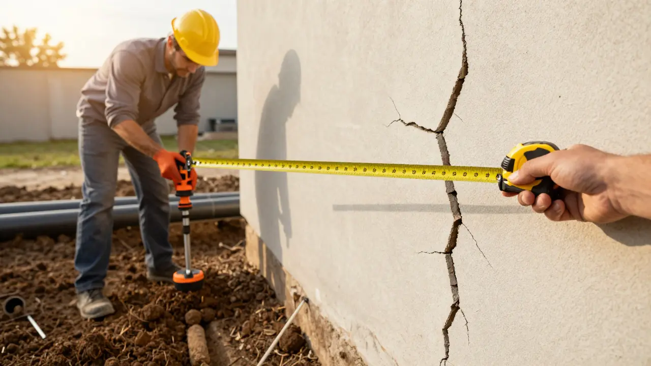Vlastník domu měří trhlínu, zatímco technik vyvrtává vzorek půdy a instaluje drenáž.