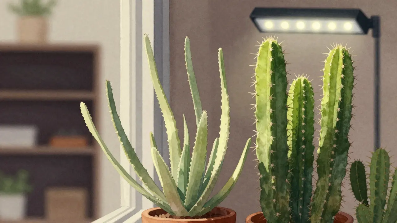 Vyčerpaný kaktus s protaženými stonečky směřující k oknu, v kontrastu se zdravou rostlinou.