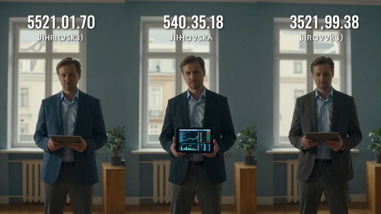 Young investor standing in three Brno apartments with floating price and rental income tags, holding a financial tablet.